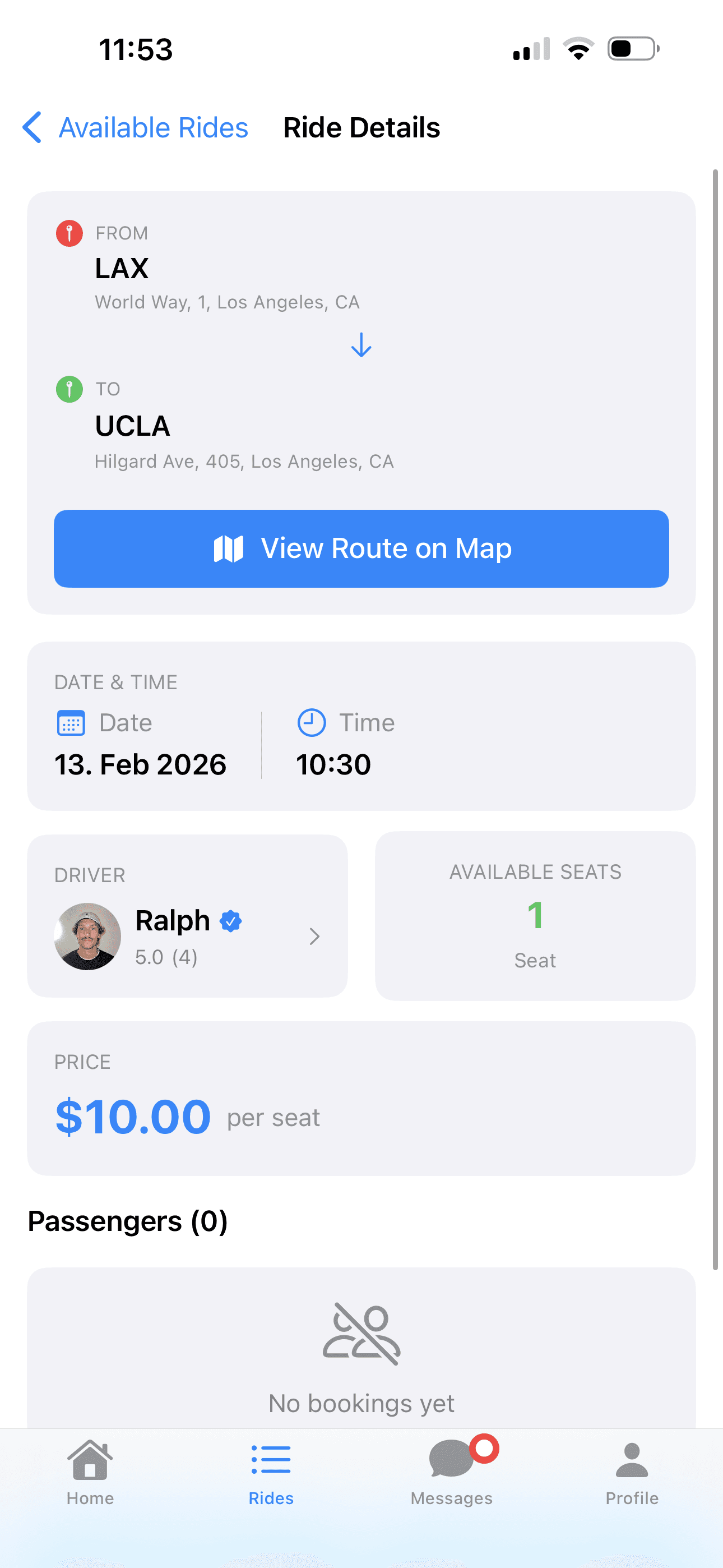 WeShare ride details screen